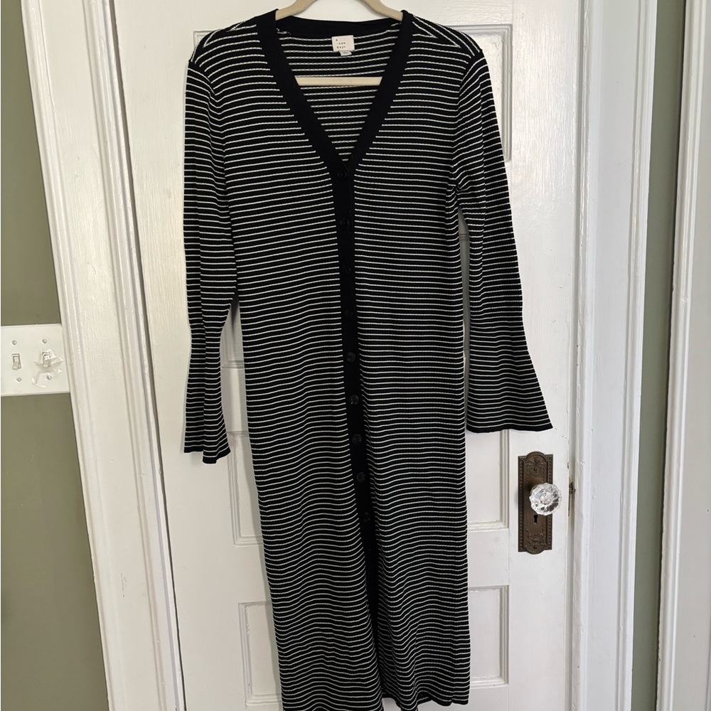 a new day Black and White Striped Maxi Cardigan Dress